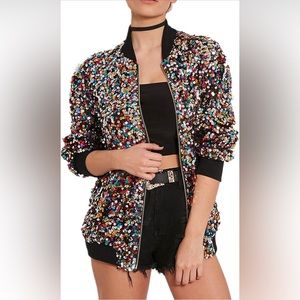 Cresay Women's Multicolor Sequin Fitted Long Sleeve Zipper Blazer Bomber Jacket